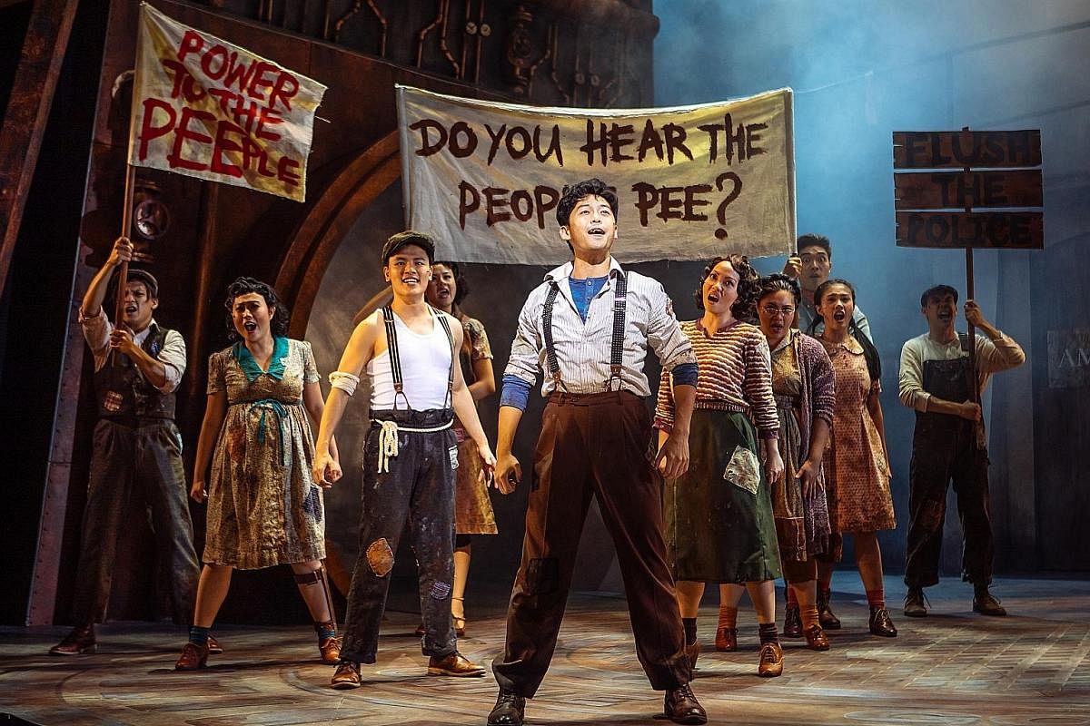 Actor Benjamin Chow (foreground) stars in Urinetown: The Musical, which poked fun at topics such as populism, corporate corruption and musicals themselves.