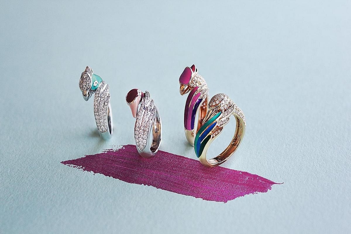 Jouer by Simone, by designer Simone Ng (above), simplifies the process of shopping for customised fine jewellery. Its Artist Macaw Ring (right), for example, lets you pick the enamel coating colours for the feather design.