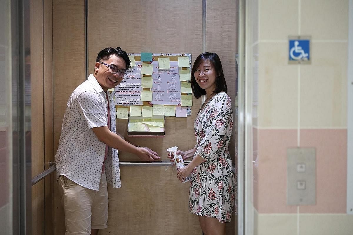 Ms Tong Sian Choo and her husband Dominic Foong made their own hand sanitiser and placed it in the lift in their HDB block in Serangoon for everyone to use.