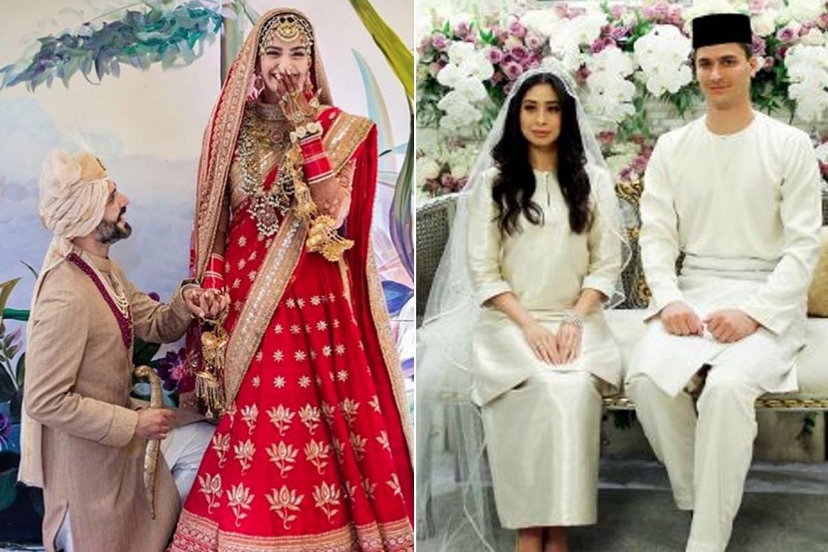 Bollywood A-list actress Sonam Kapoor wore a red and gold lehenga for her wedding (left), while Johor Princess Tunku Tun Aminah Sultan Ibrahim (above) was in a white baju kurung with a lace veil when she married her Dutch-born husband. Mrs Janice Lim