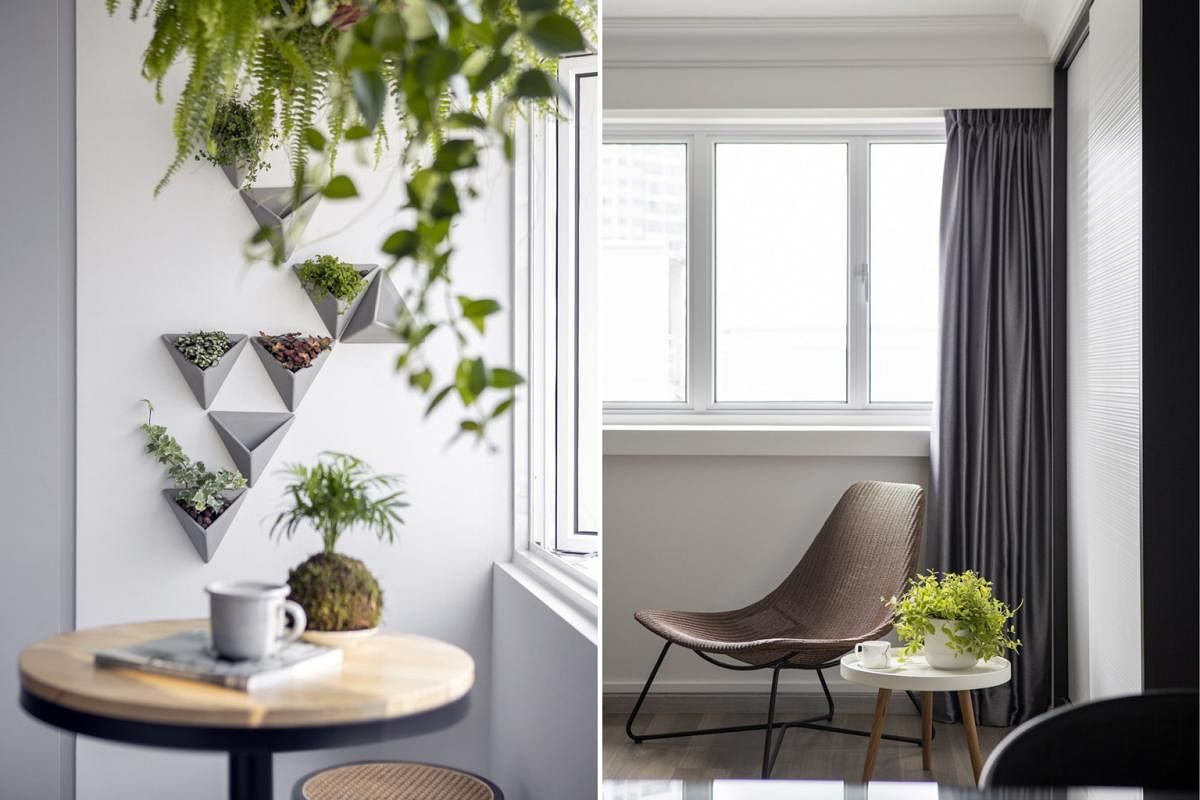 To look more professional during your video calls, interior designer Eric Chua recommends parking yourself in an area with a design element, such as a feature wall (far left) or curtains (left).