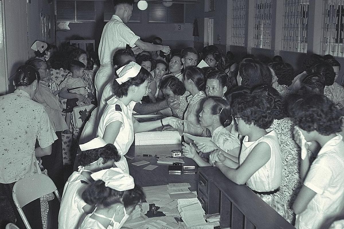 Right: People seeking flu treatment at the Singapore General Hospital outpatients department on May 6, 1957. An ST report described a queue of over 3,000 people. Above: ST reports in August 1968 on the Hong Kong flu, which lasted only a few weeks in 