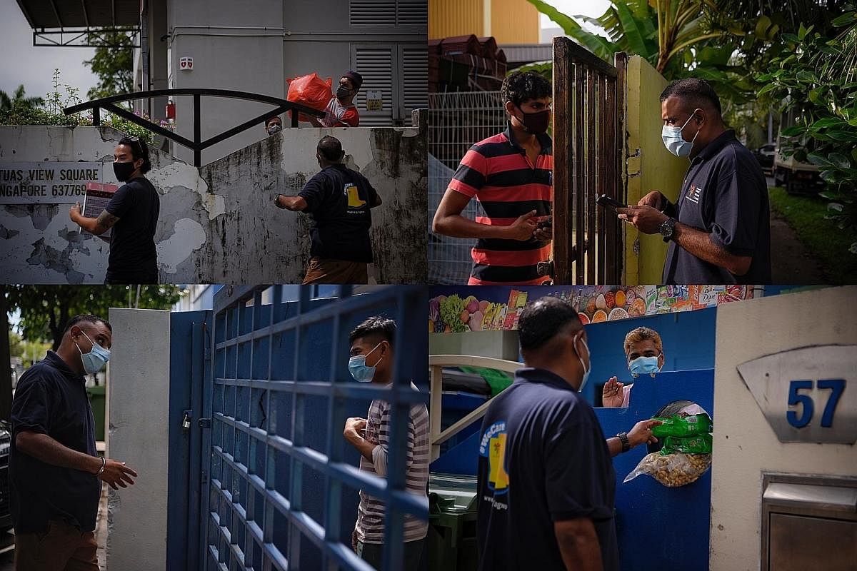 Above: Reverend Samuel Gift Stephen checking in on guest workers staying in factory-converted dormitories mostly in the Tuas View area, where he also helps with ration deliveries and follows up on workers' welfare. He has been spending 10 to 12 hours