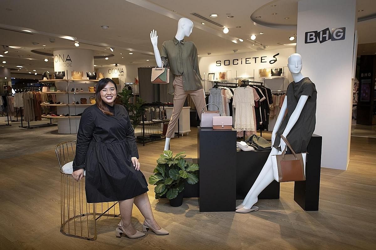 Ms Esther Choy (above) with her collections at the BHG Bugis Junction store. Among her designs are the Otona Mode dress ($69.90, left), Societe top and skirt (both $69.90, below, left) and SBT top ($39.90) and skorts ($49.90, both below).