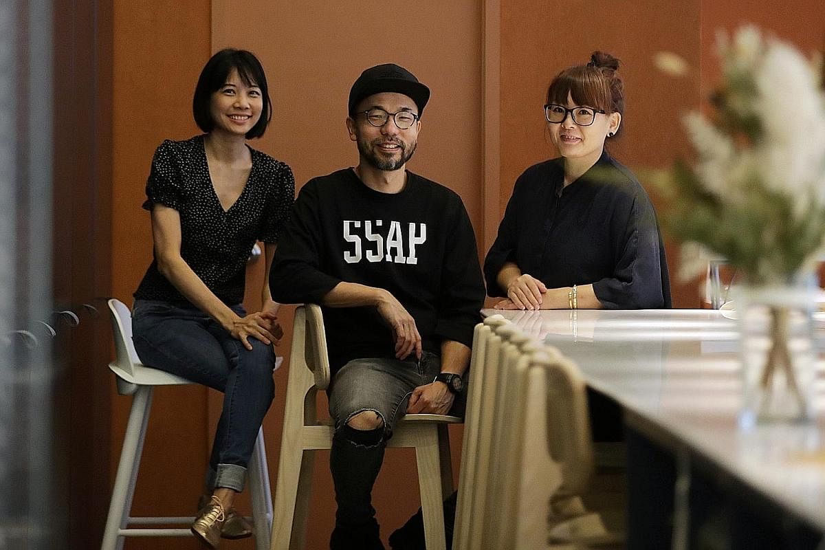 (From far left) Kki Sweets' new pastry chef Lin Jiawen with founders Kenneth Seah and Delphine Liau.