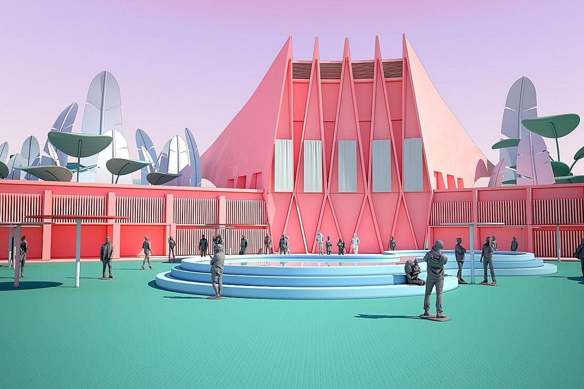 The 360-degree festival village in The Front Row has zones modelled after Singapore's cityscape, such as the Runway Room (above), which is a modern re-creation of the former National Theatre that was demolished in 1986. The virtual fashion festival w