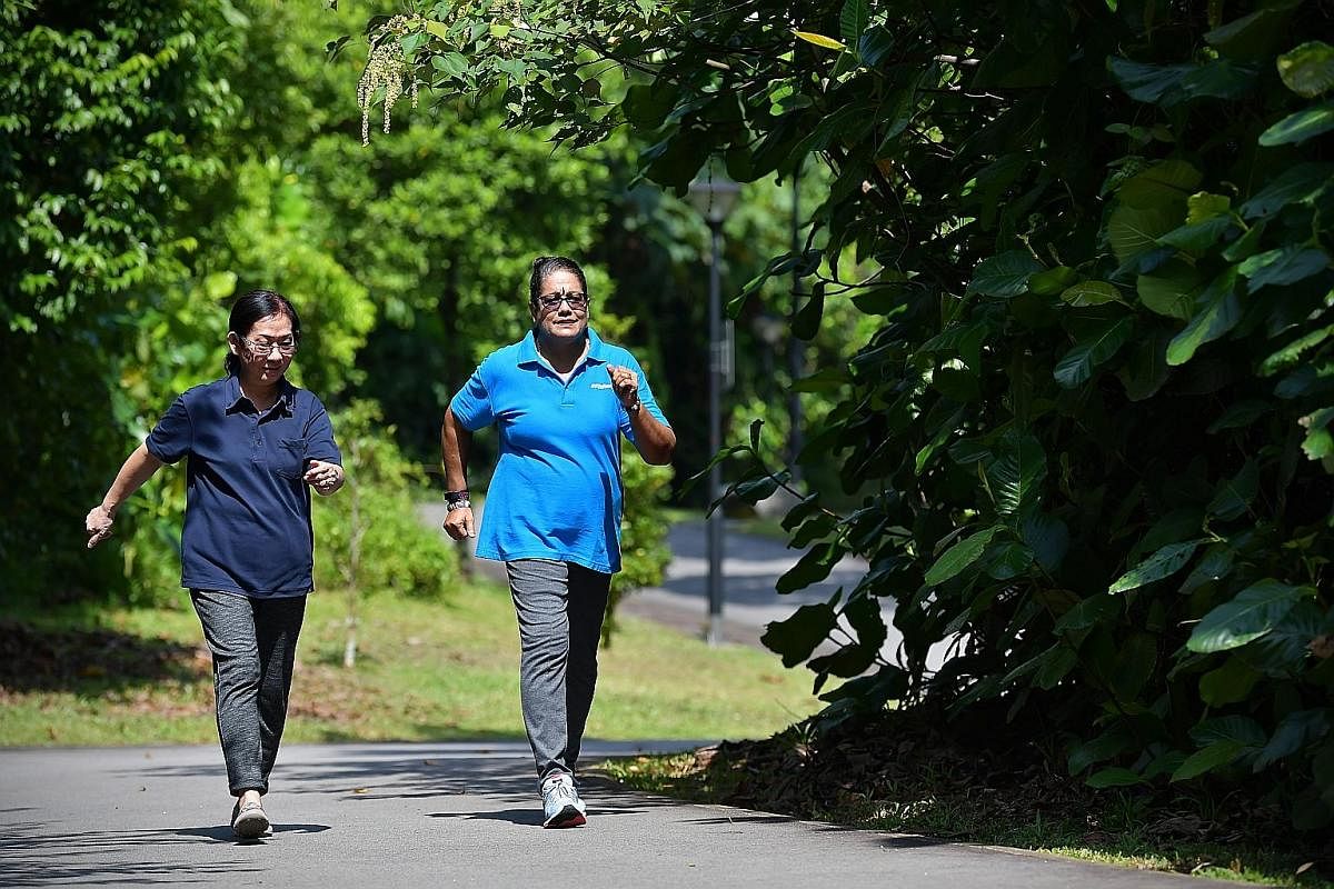 (Above) Retirees Ahsathiamal Subramanian and Ng Moy Loang exercise regularly and maintain a healthy diet to reduce their risk factors for metabolic syndrome.
