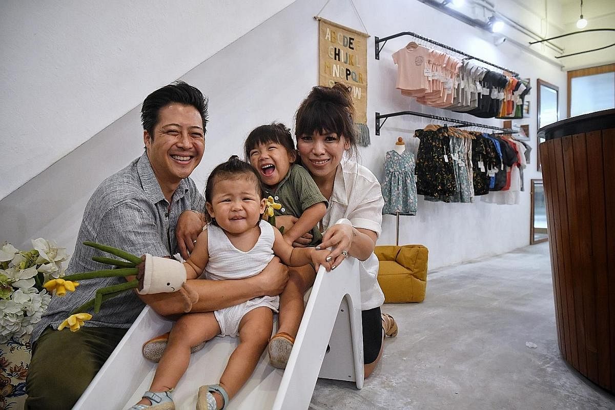 Mrs Iris Ramos and her husband, Dustin, who run menswear brand Duxton in Duxton Road, diversified into Duxton Kids in March last year after they found it hard to find casual wear for their daughters, Matilda, three, and Mackenzie, one, that was funct