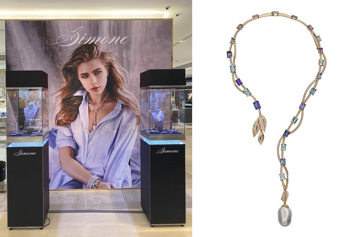 Simone Jewels' showcase at Harrods (below) features its Quintessentially British collection, which is inspired by the Georgian era of British history. Among the pieces is a £38,000 (S$67,700) Georgian Grandeur necklace (above).