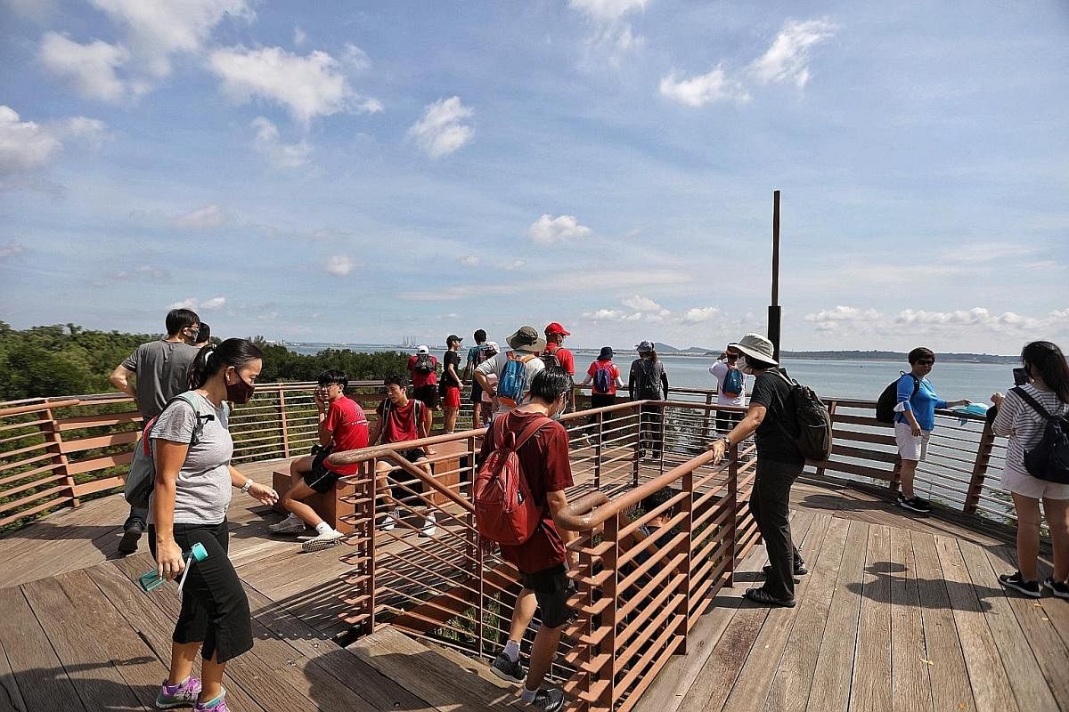 From left: Visitors to Pulau Ubin can rent bicycles or vans and make their way to spots like Jejawi Tower at Chek Jawa. Boats leave for Ubin from Changi Point Ferry Terminal every few minutes. As international travel is restricted, Pulau Ubin, with i