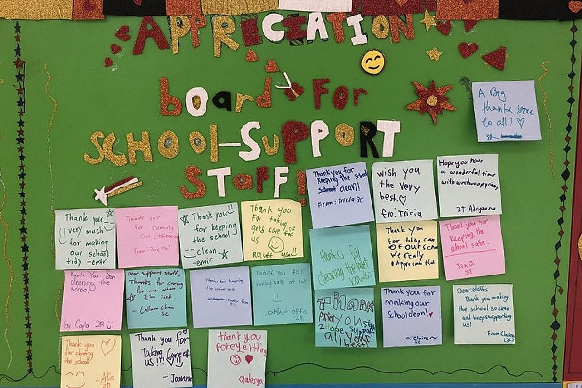 (Left) Thank-you notes written by Westwood Primary pupils for support staff such as cleaners, as part of the school's effort to encourage them to express gratitude to others.