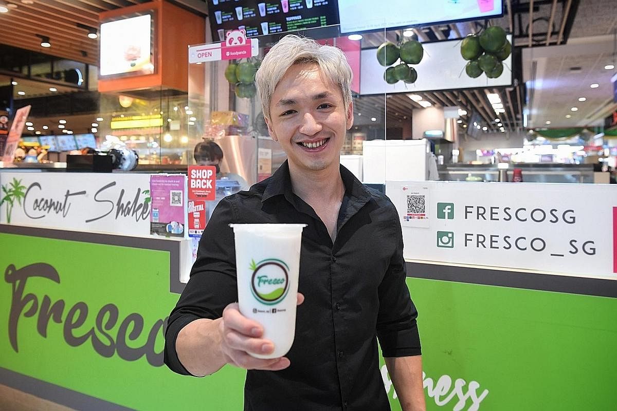 Mr Benjamin Liu (far left) and Mr Leo Tan of CocoBoss in Space @ Kovan are focusing on deliveries. Mr Tan Yong Xi and his wife Valencia Tan, owners of CocoCane, are looking to add new fruit flavours and possibly acai to its line-up. Mr Reo Yau, co-fo