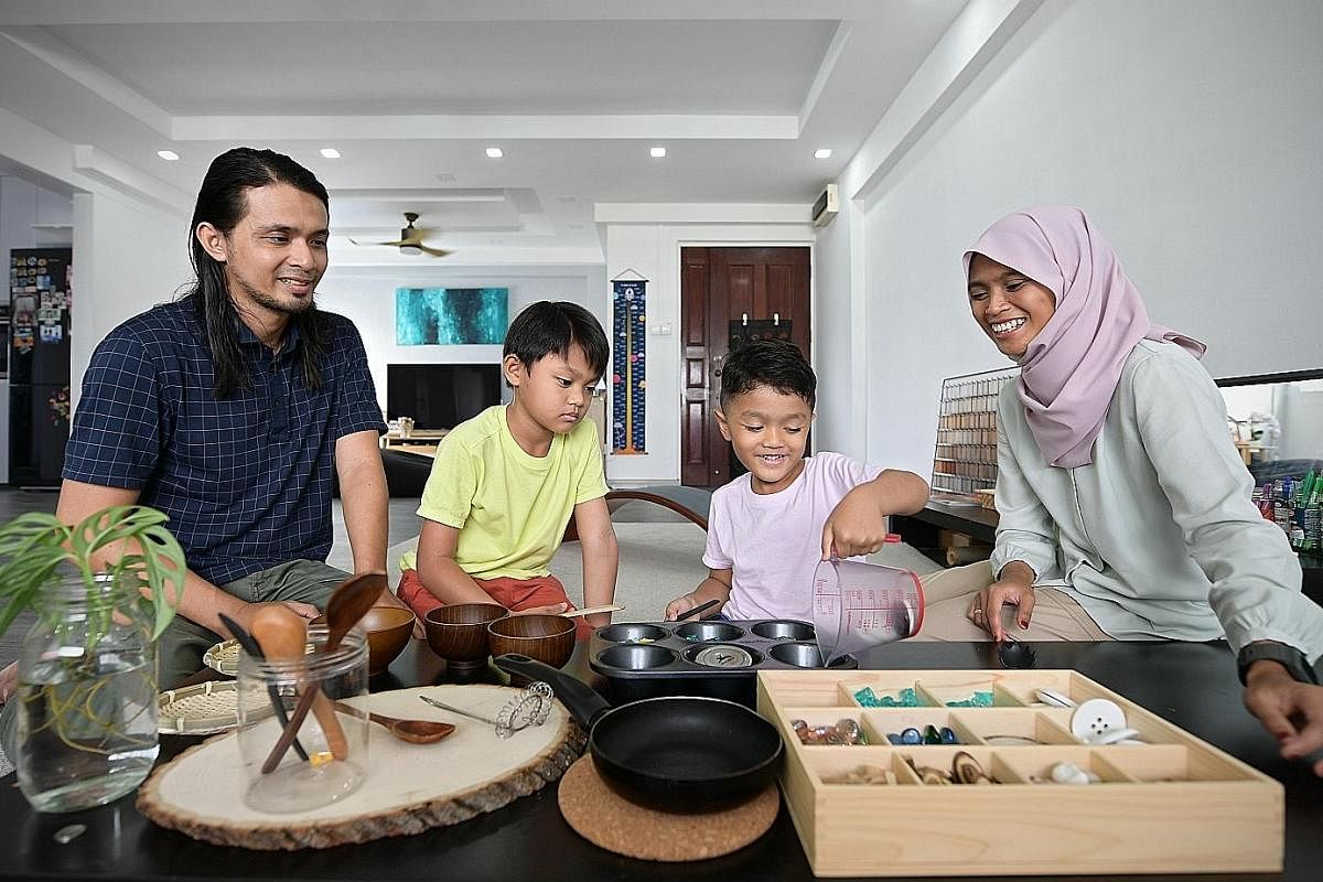 Ms Aminah Abdul Latif, who is married to Mr Iqbal Mohamed, has no qualms letting their sons, Umar, nine, and Ali, six, play masak-masak (play-cooking) and encourages them to do household chores such as cooking and folding clothes.