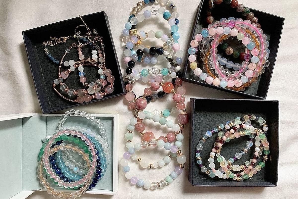 Crystal bracelets from Instagram store Komi Crystals, which hosts live sales weekly.