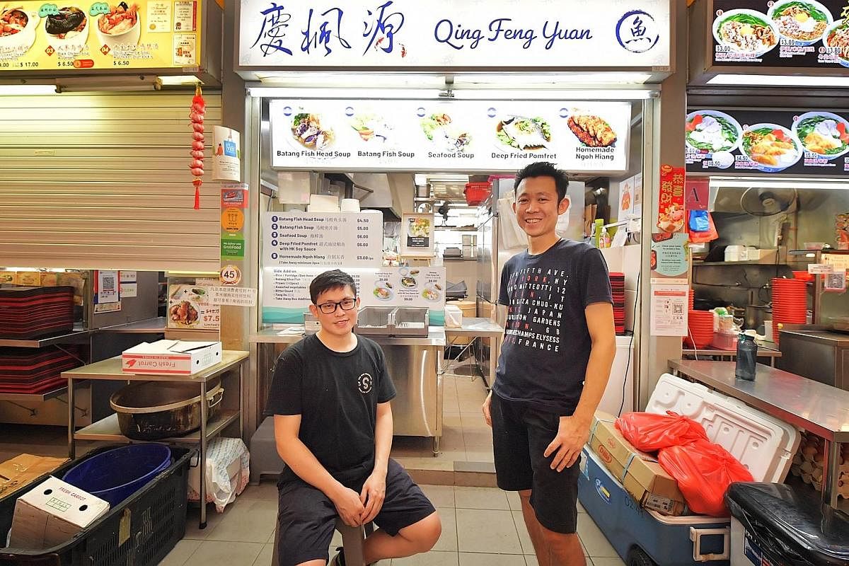 Thoo Chang Wei's ambition was to make a living selling his favourite food of steamed rice rolls, which he now does at Chef Wei HK Cheong Fun in New Upper Changi Road. (From left) Gui Jin Keng and Kek Wan Fong opened Qing Feng Yuan, with dishes such a